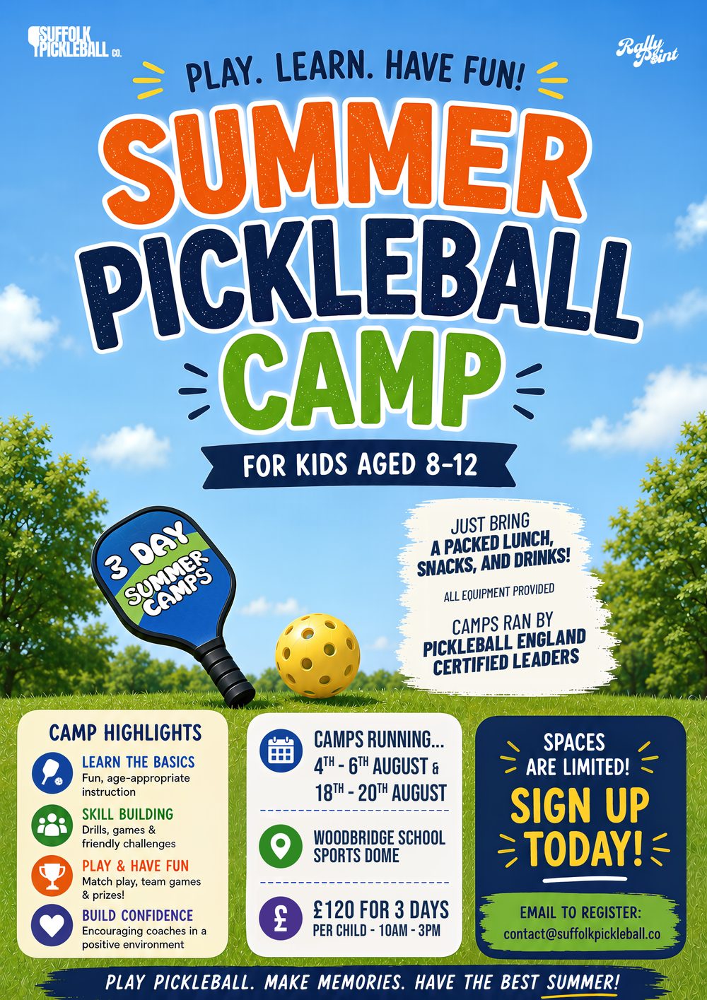 Summer Pickleball Camp poster — for kids aged 8 to 12, running 4–6 August and 18–20 August at Woodbridge School Sports Dome